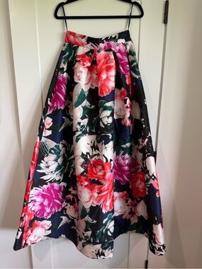 Eliza J Navy Floral A-Line Maxi Skirt with Pink & Red Blooms